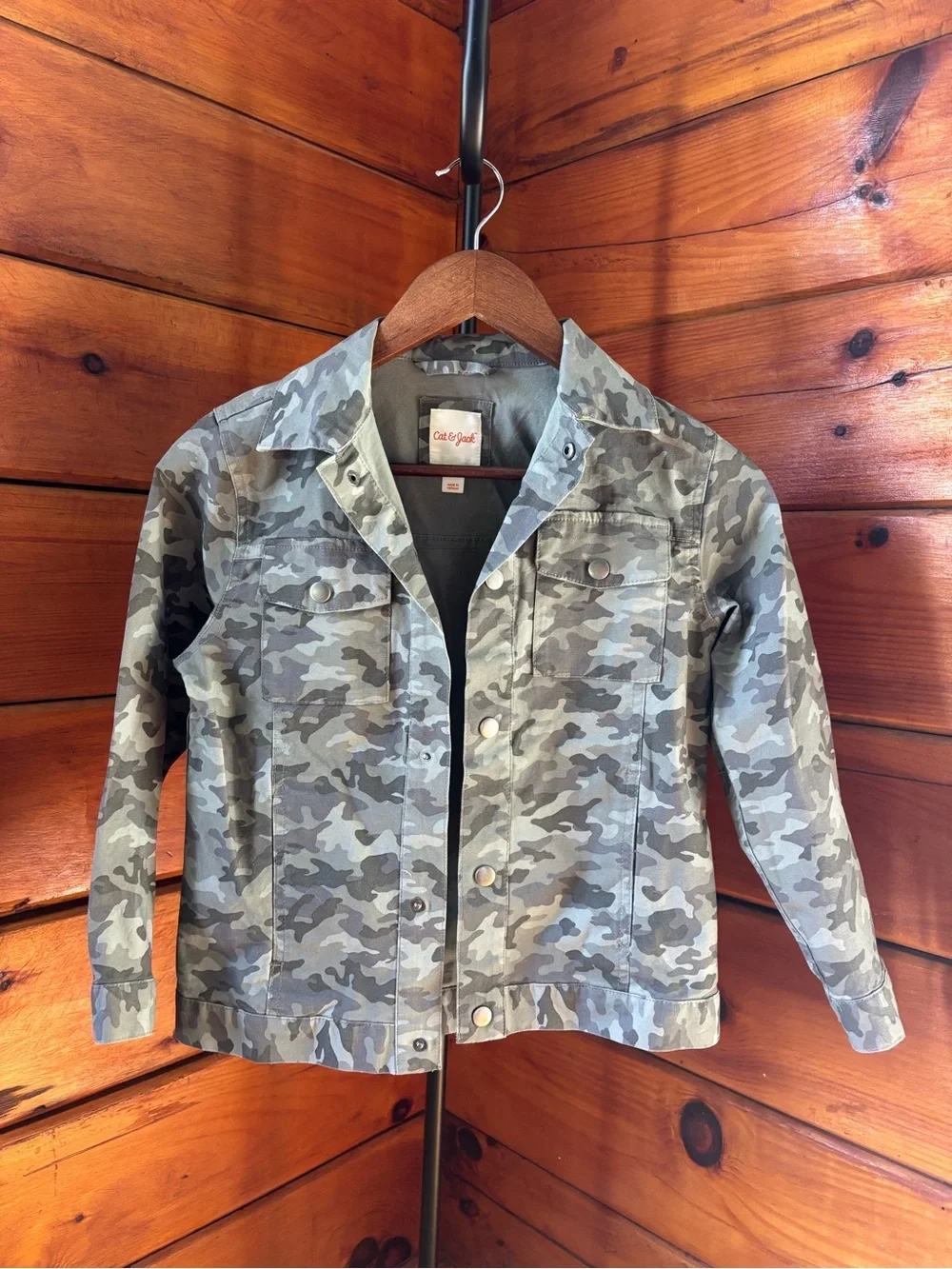 Cat & Jack Girls Gray Camo Utility Jacket Snap Front Cotton Stretch Size S 6/7
